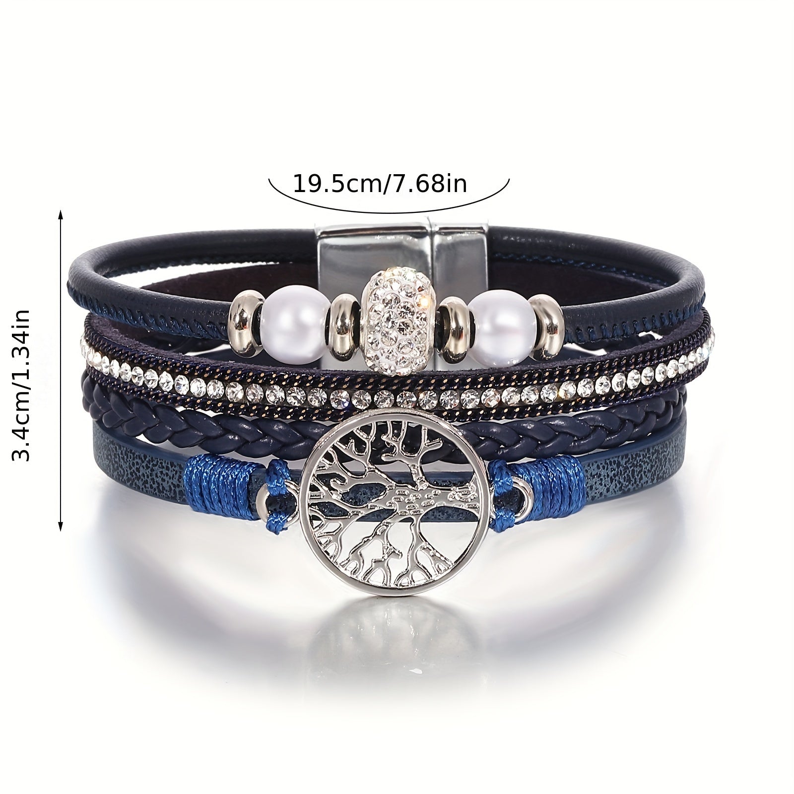 Multi-Layer Faux Leather Wristband with Tree of Life Charm and Rhinestones