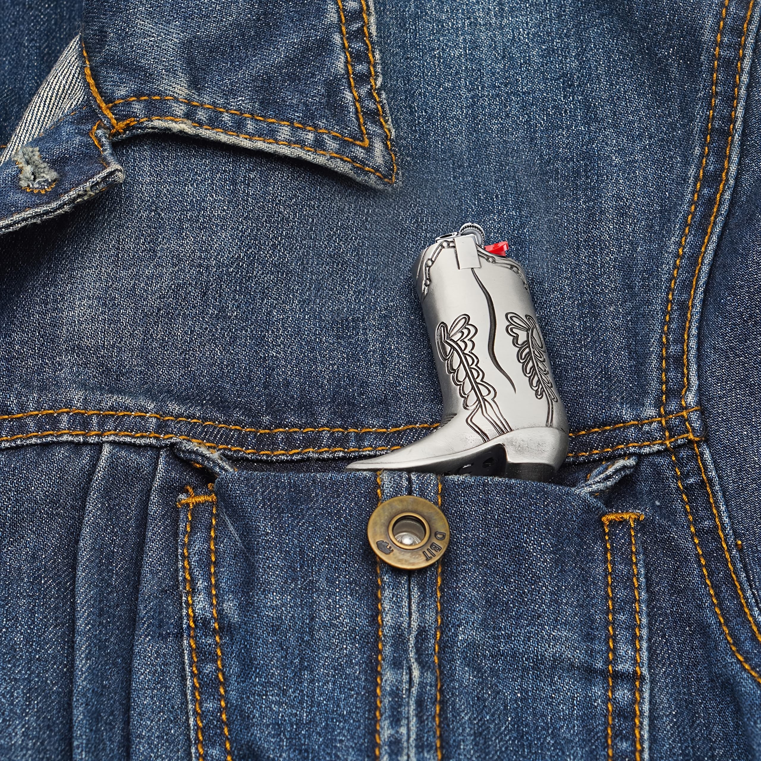 Silvery Cowboy Boot Lighter Case for Mini Bic J5, Party and Daily Use