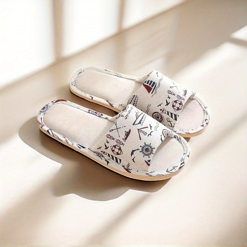 Women Flower Pattern Slippers Open Toe Linen Indoor Shoes