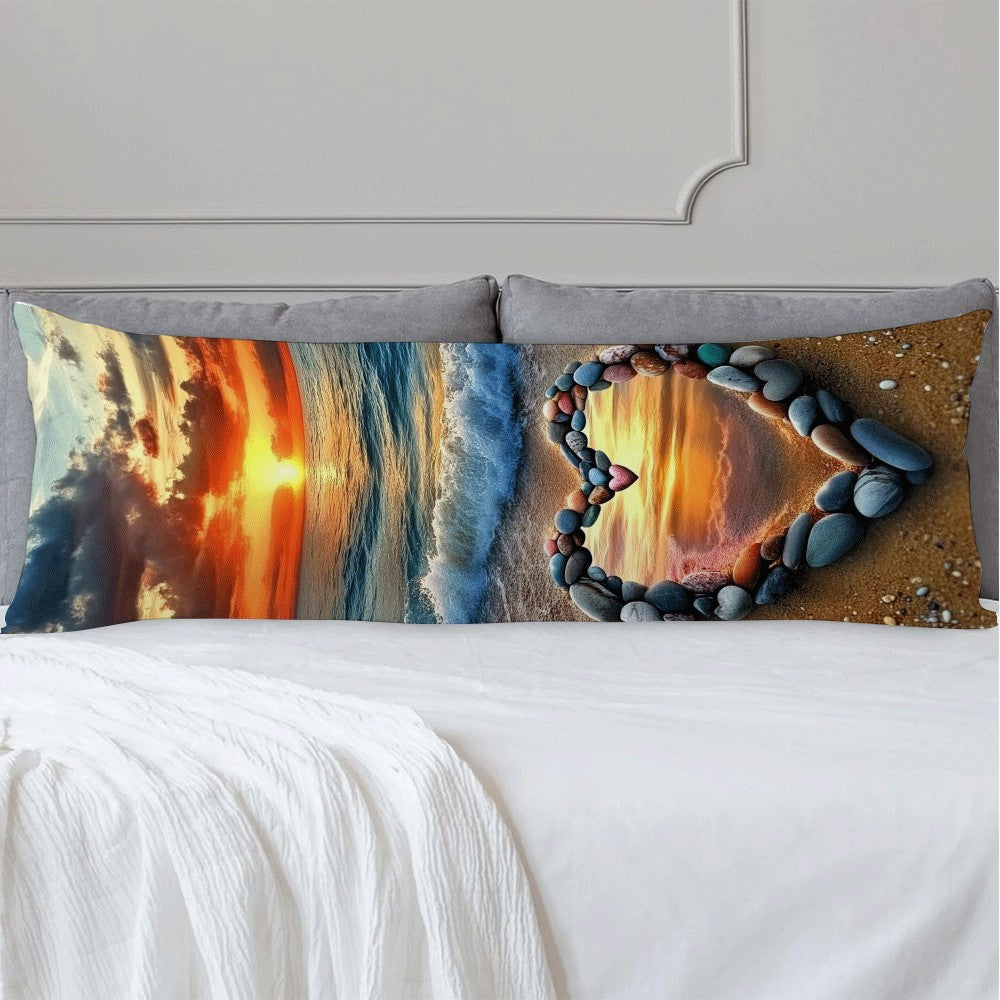 Valentine's Day Heart Beach Scene Plush Pillow Cover 137x51cm Decorative Cushion Case