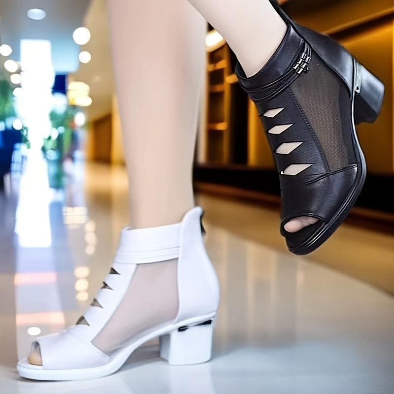 Women's Mesh Short Boots with Block Heel Open Toe Casual Summer Zipper