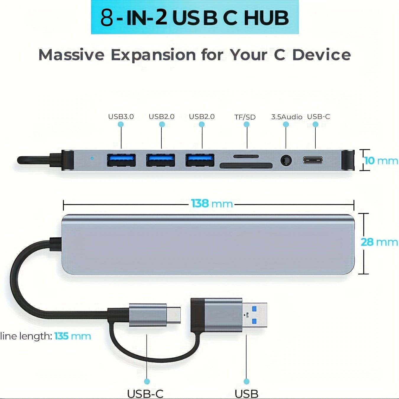 8-port USB 3.0 Type-C hubi, audio mikrofon va Micro SD karta o'quvchi bilan, noutbuklar va MacBook Pro uchun