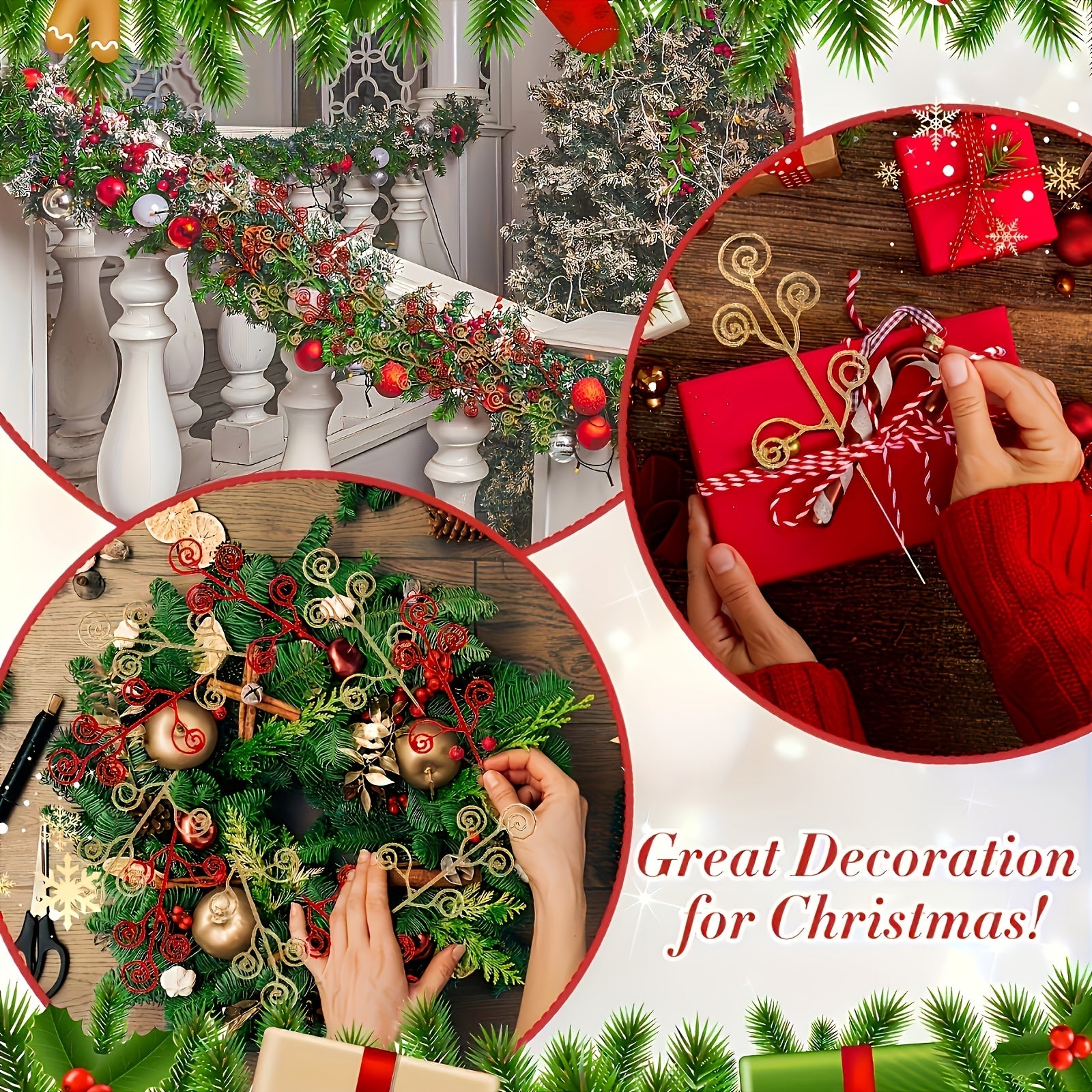 12-Pack Red Candy Circle Leaves Artificial Pine Tree Topper for Christmas and Eid