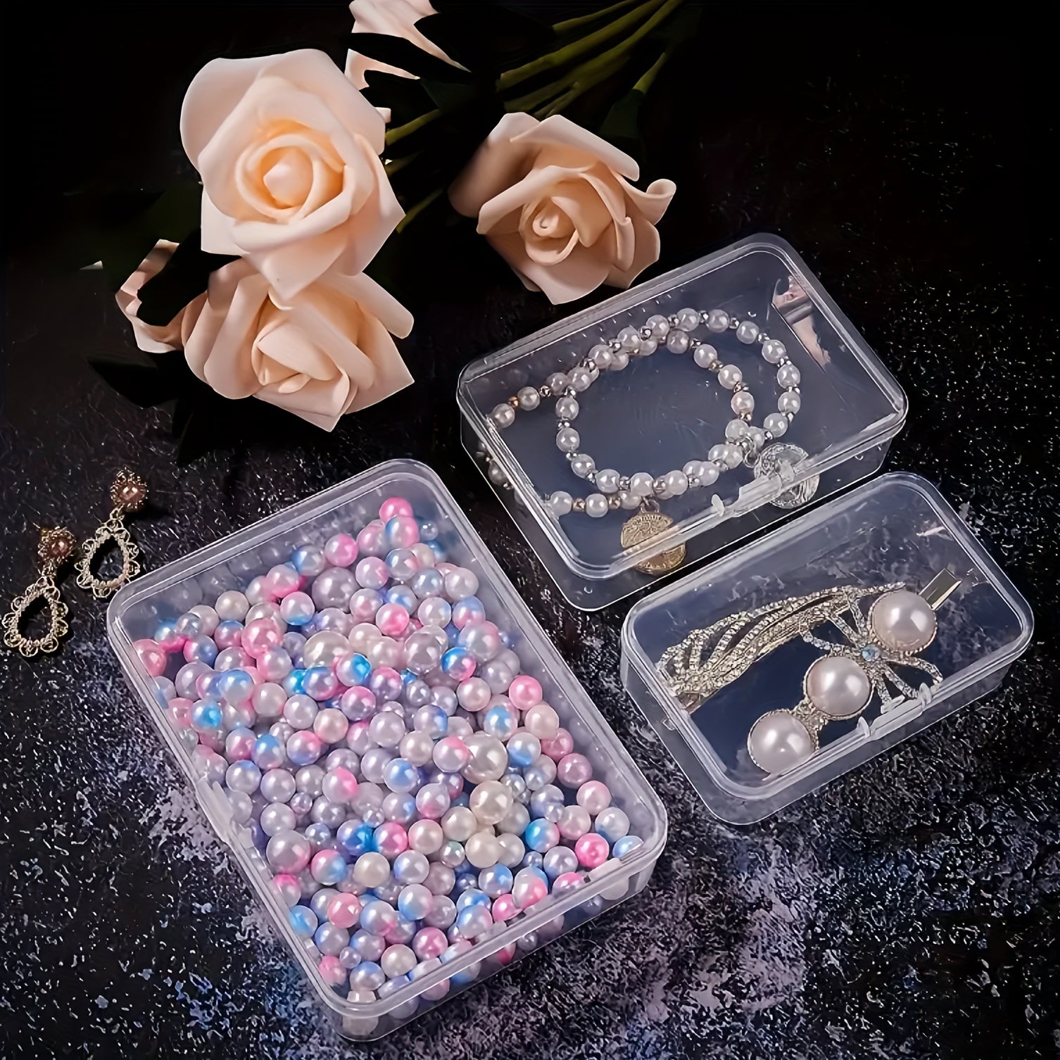 Yorug‘ plastmassa saqlash qutilari, qopqog‘i bilan, zargarlik buyumlari, tilla to‘qimalari, ofis ehtiyot qismlari va o‘yinlar uchun, 12 yoki 24 ta to‘plam