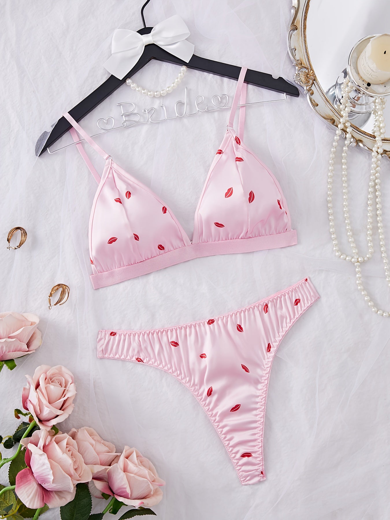 Pink Satin Lingerie Set for Women Sexy Bra and Panties Comfortable Stretch Fabric