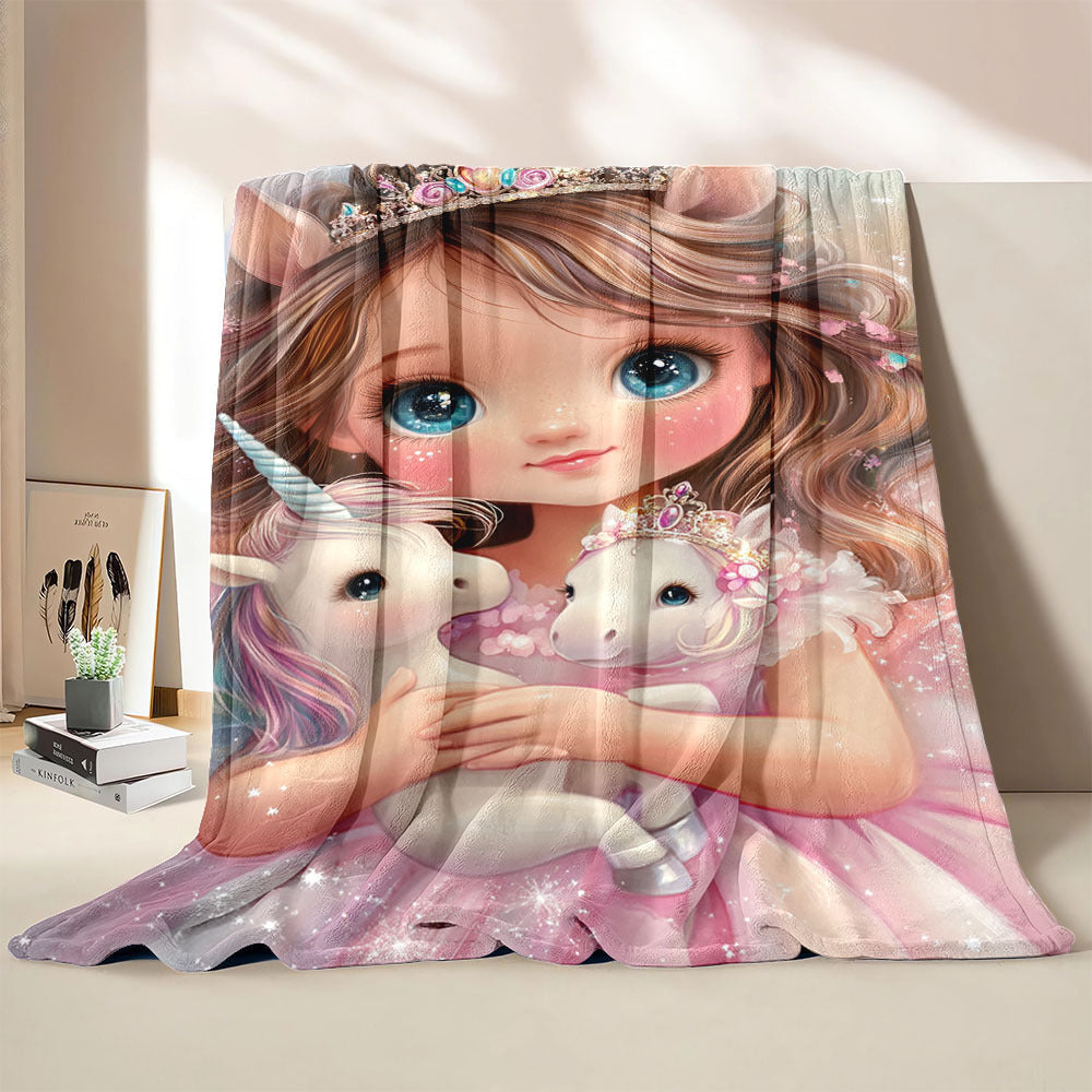 Flannel Throw Blanket with Enchanted Girl and Unicorns Print Hypoallergenic All-Season Bedding for Bed Sofa Camping