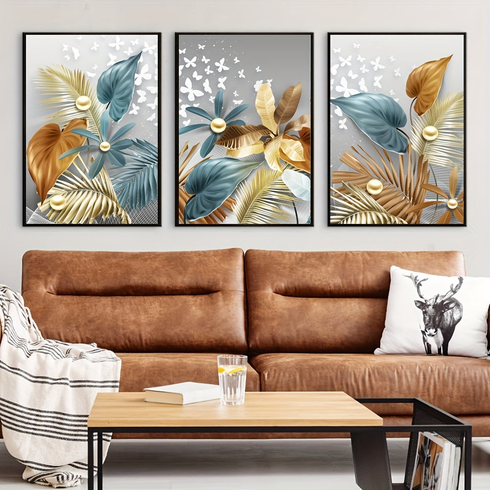 Set of 3 Flower Leaf Canvas Wall Art Posters Frameless for Living Room Bedroom Kitchen Office