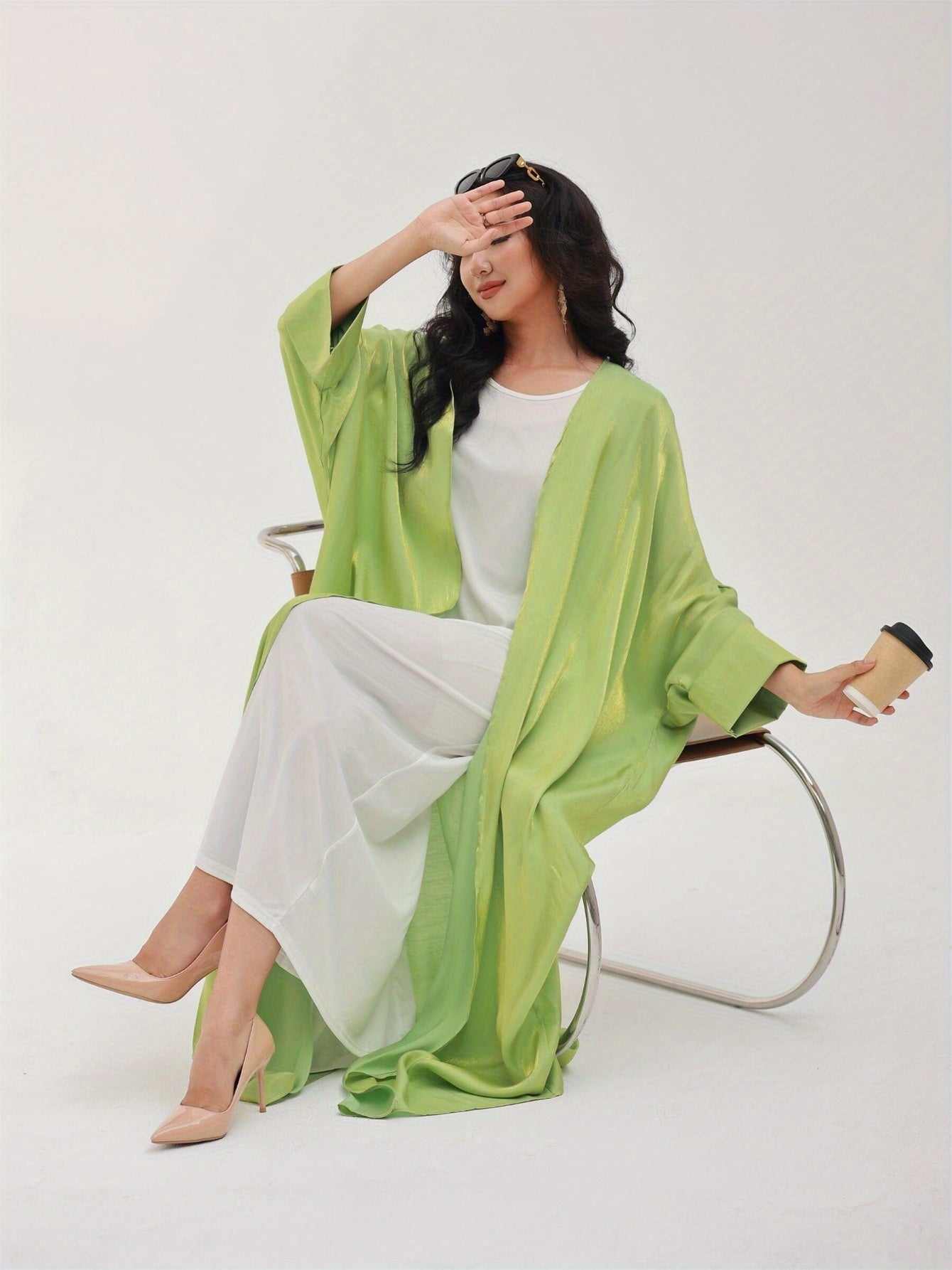 Plus Size Turkish Kaftan Dress Satin Finish Long Sleeve Pink Ankle-Length