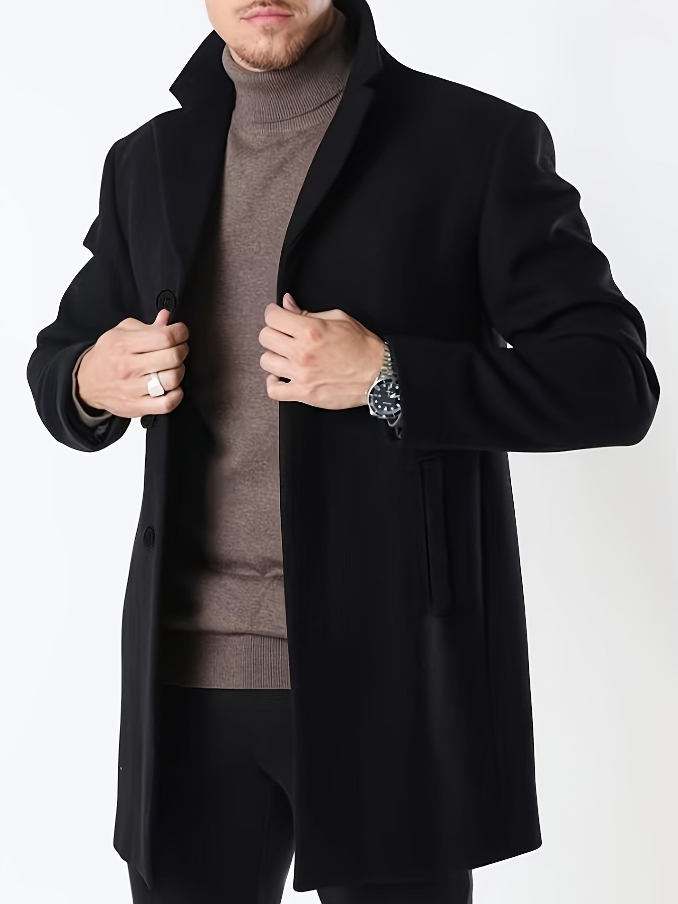 Men's Classic Polyester Trench Coat Solid Color Casual Fall Winter