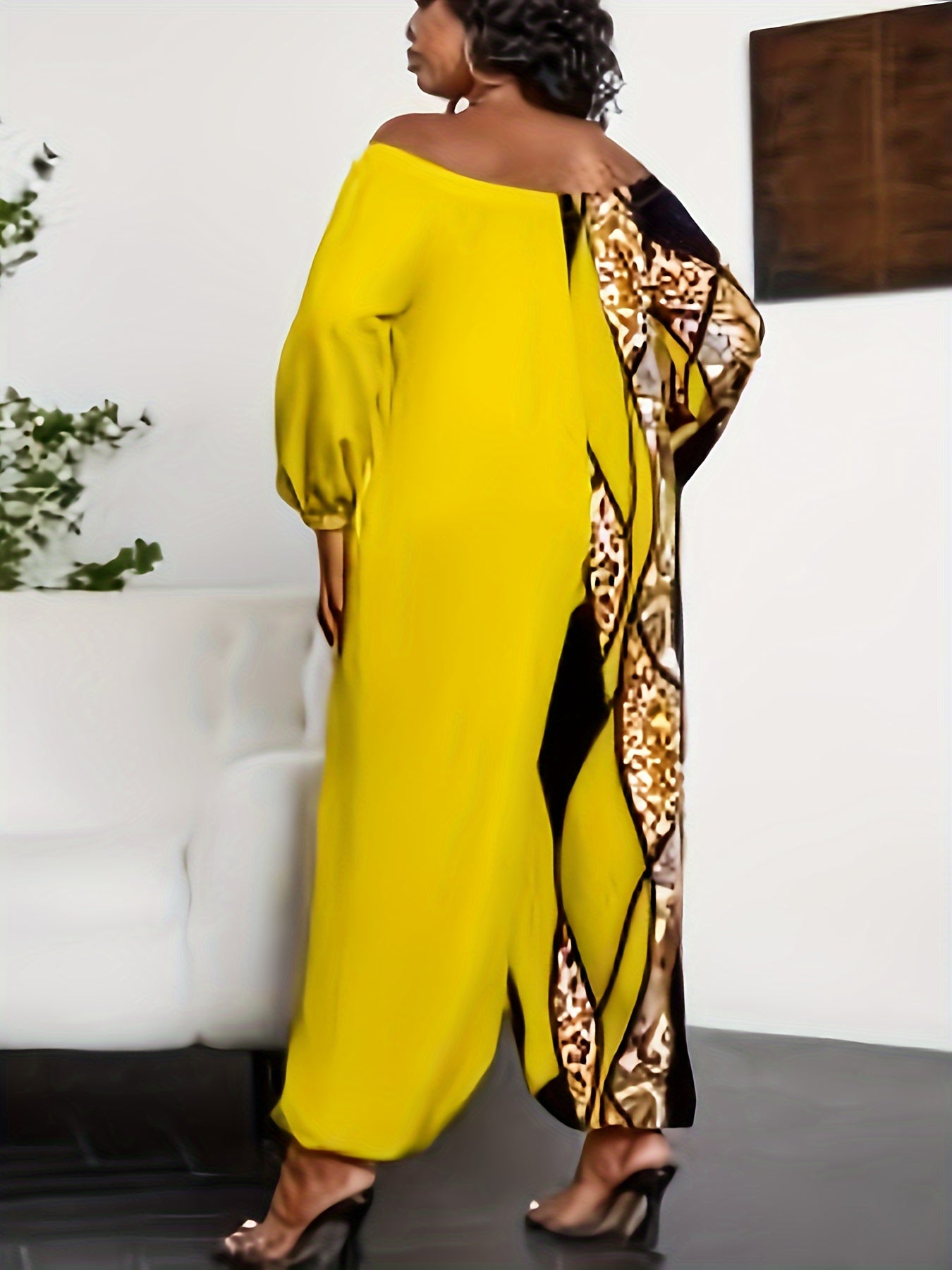 Plus Size Bohemian Off-the-Shoulder Jumpsuit Vibrant Yellow Black Geometric