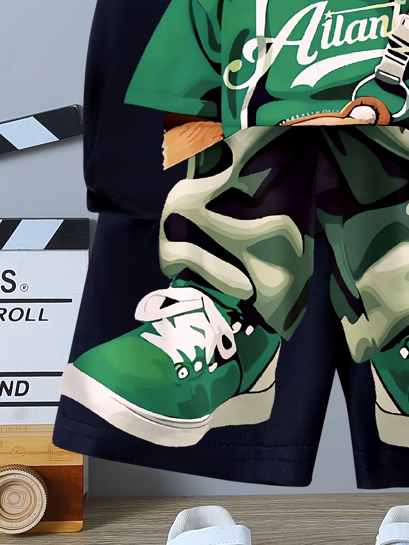 Boys' Summer Cartoon Bear Outfit Crew Neck T-Shirt and Knit Shorts Regular Fit