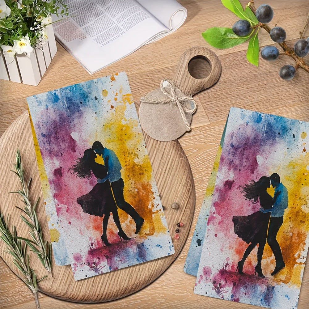 Luxury Ultra Soft Kitchen Towels 2 Pack Dancing Couple Design Watercolor Splash