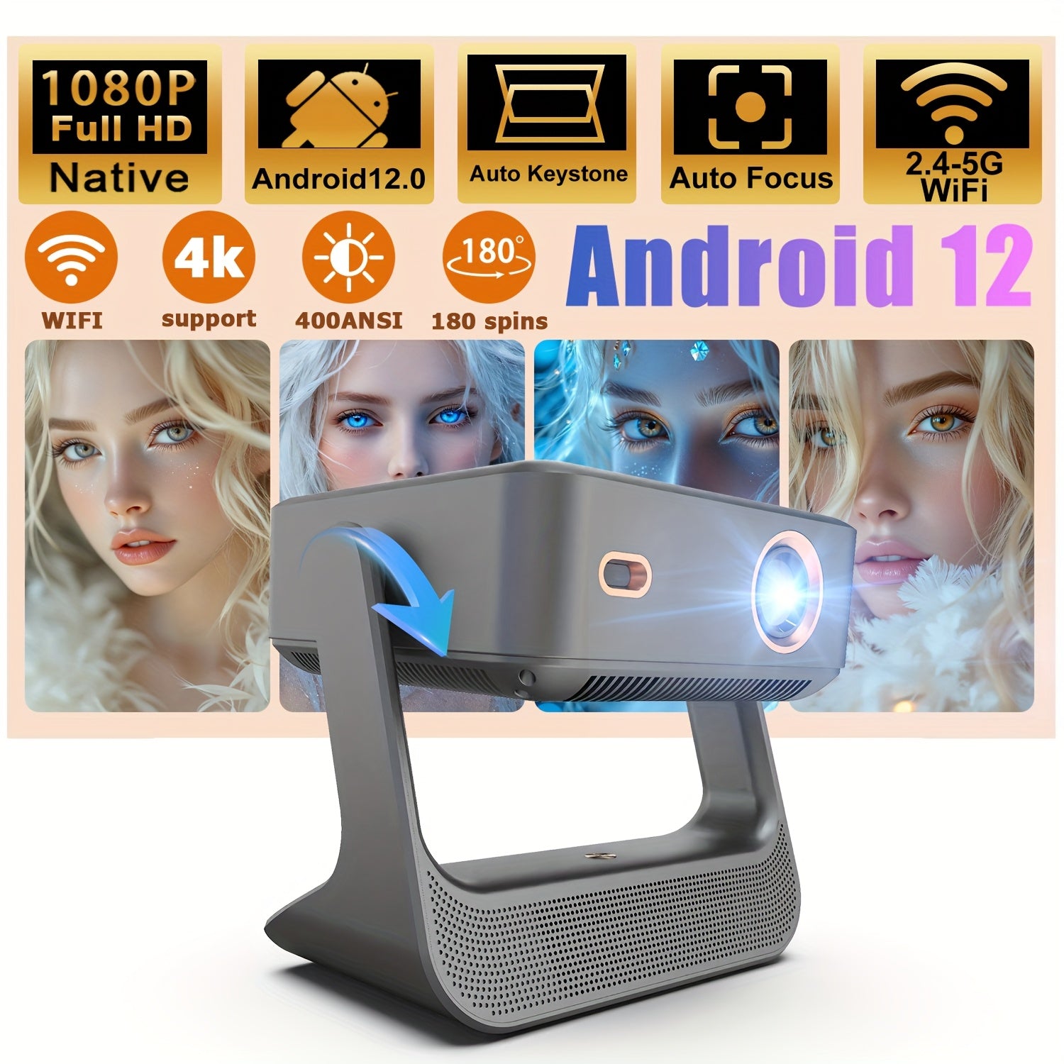 Proyector portátil para el hogar 1080P 4K con soporte, pantalla táctil, WiFi6 y altavoces integrados