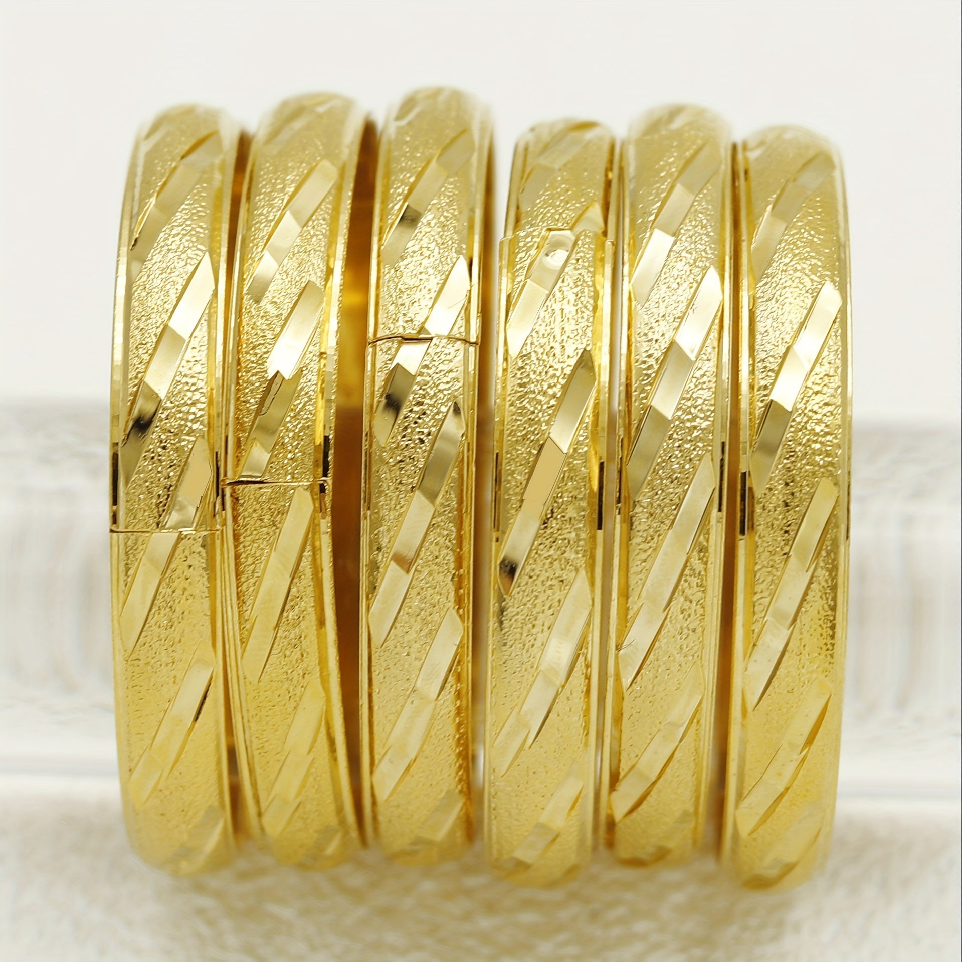 Set of 6 Gold Plated Copper Bangles for Women Adjustable Diagonal Pattern Wedding Gift