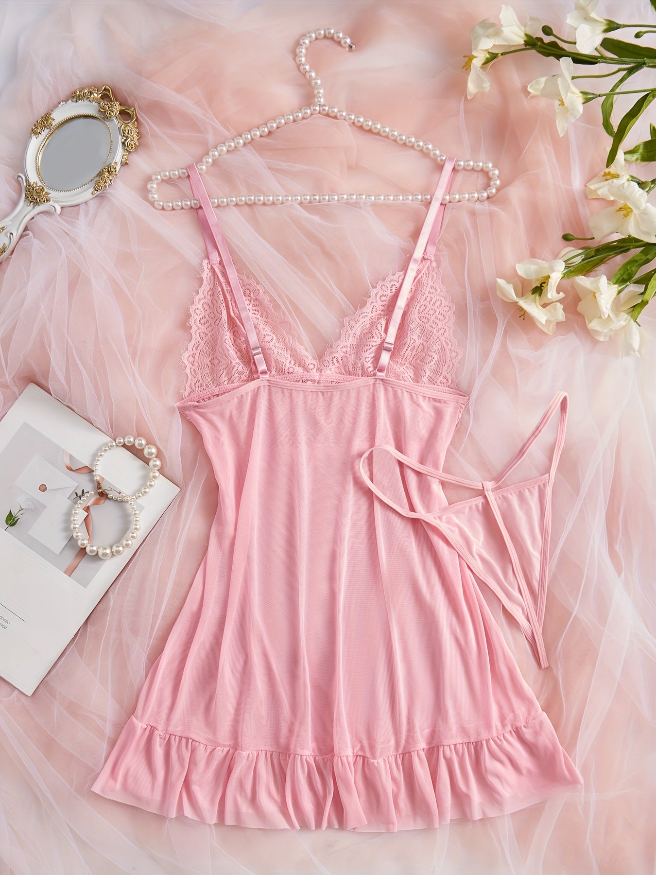 Women's Satin Pajama Set with V-Neck Lace Hem and Lace Strap Skirt