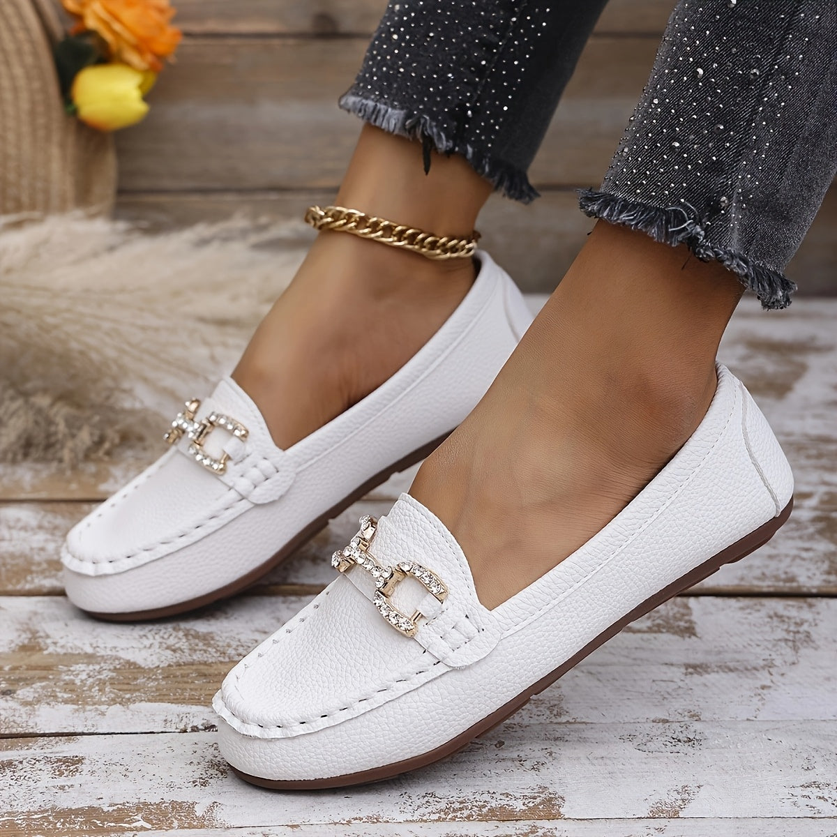 ayollar uchun slip-on tufli, faux cover yuqori qismi, kauchuk taglik, kundalik poyafzal