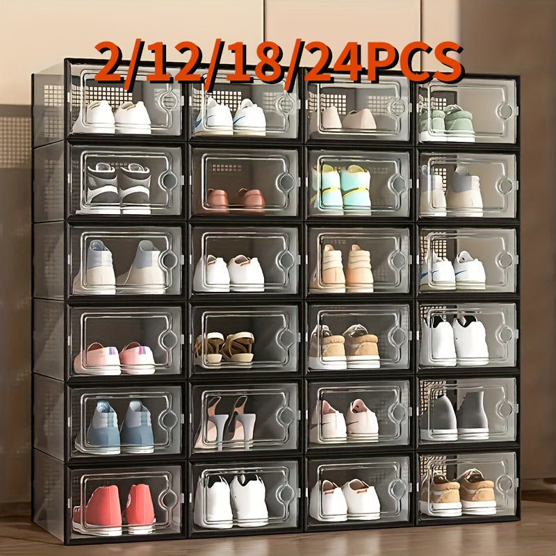 Clear Plastic Shoe Storage Boxes with Lids, Collapsible Stackable Organizer in Packs of 2 12 18 24