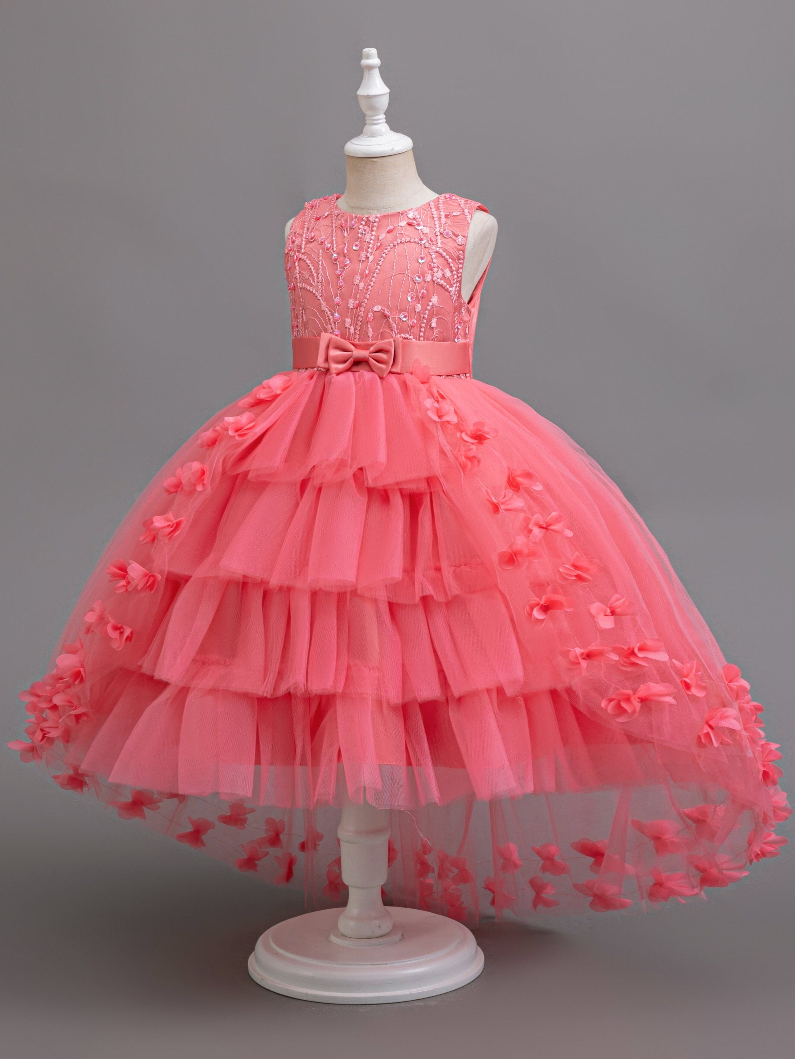 Children's Sleeveless Dress with Tiered Mesh Tutu Faux Pearls Bowknot Floral Summer