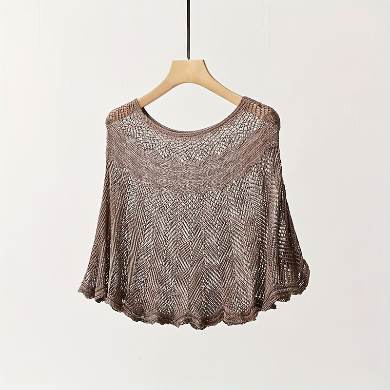 Women's Elegant Pullover Cape with Hollow Knitted Shawl, Loose Fit, Solid Color