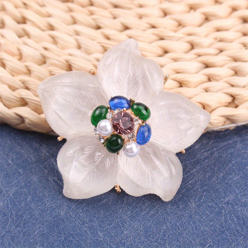 Iridescent Floral Brooch Pin with Rhinestones for Clothing Bags and Hats