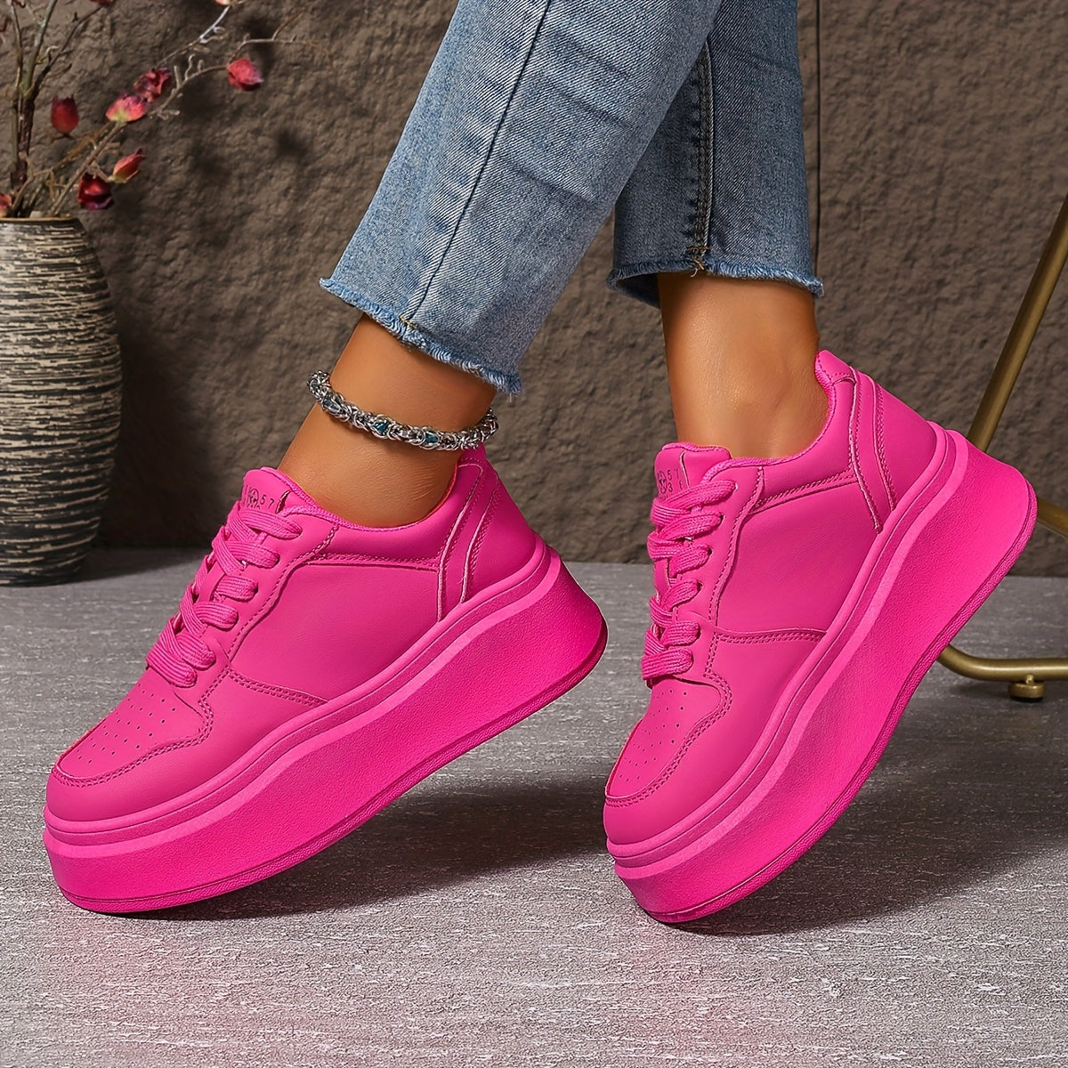 Women's Pink Chunky Sneakers All-Season Lace-Up Casual Sports Shoes