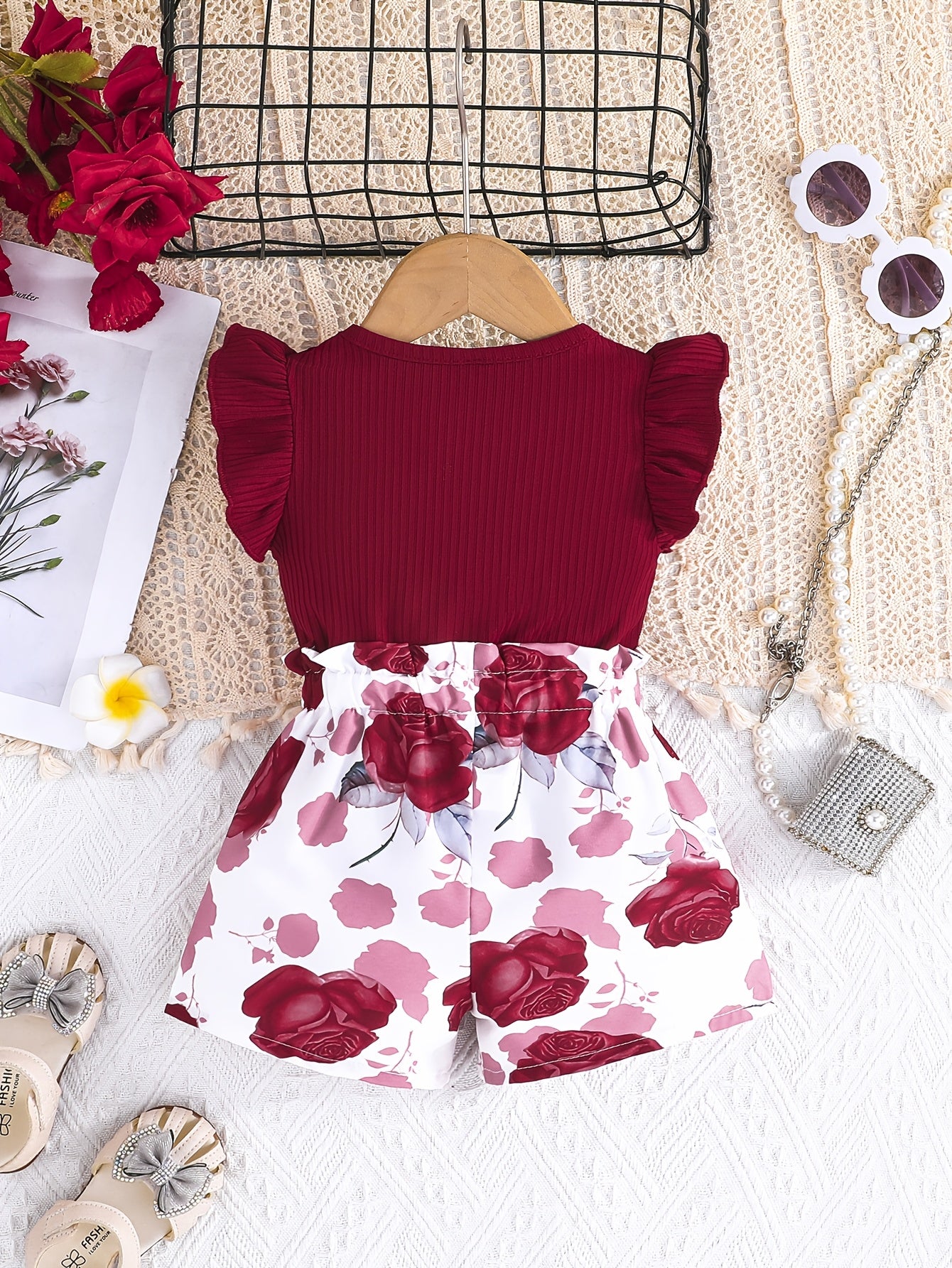 Girls Summer Outfit Maroon Ribbed T-Shirt with Bow Floral Print Shorts Set Easy-Care Polyester