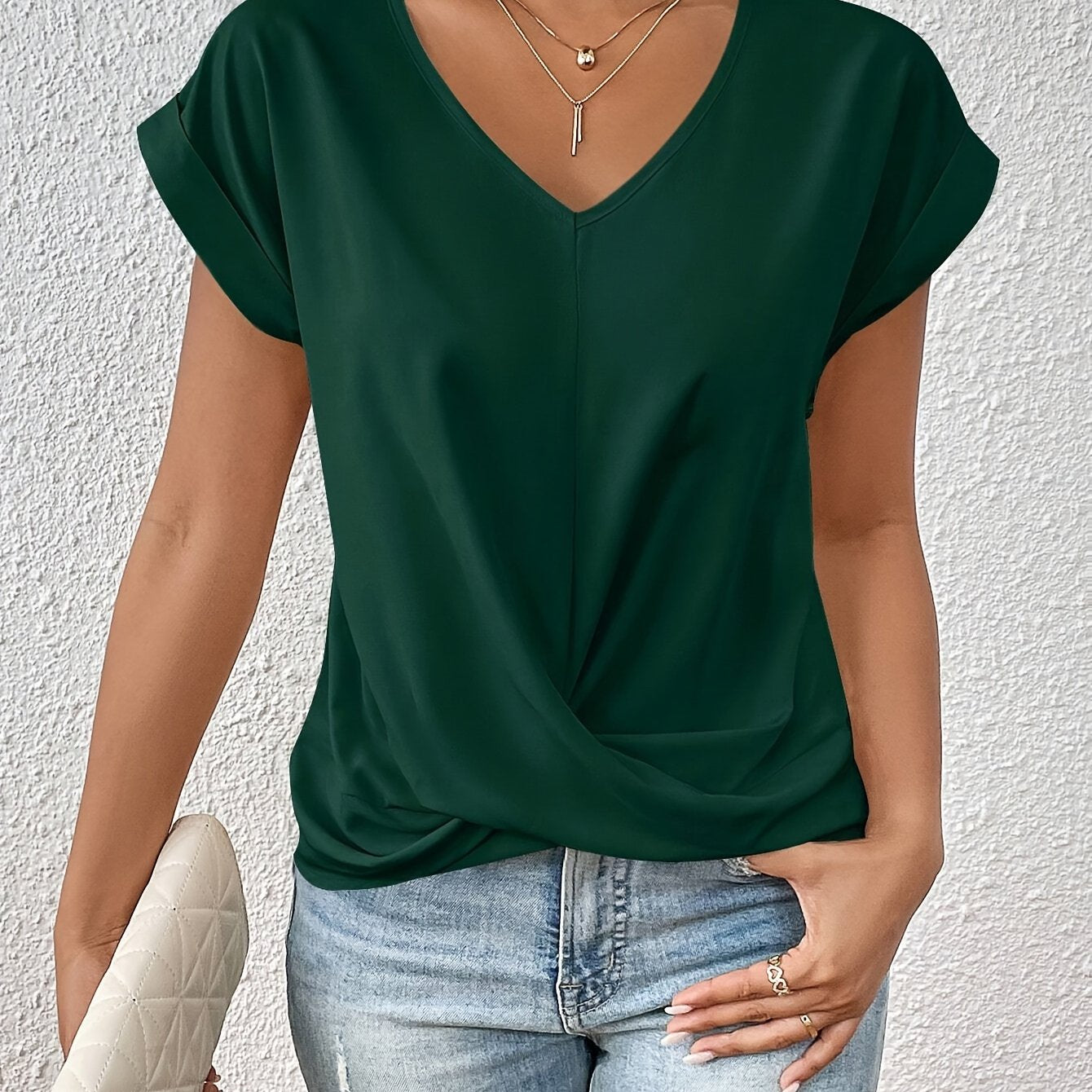 Camiseta de manga corta para mujer de poliéster de color sólido para verano casual con micro elasticidad