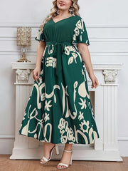 Платье с крупным цветочным принтом и заплатками, поясом, V-образным вырезом и короткими рукавами для весны и лета