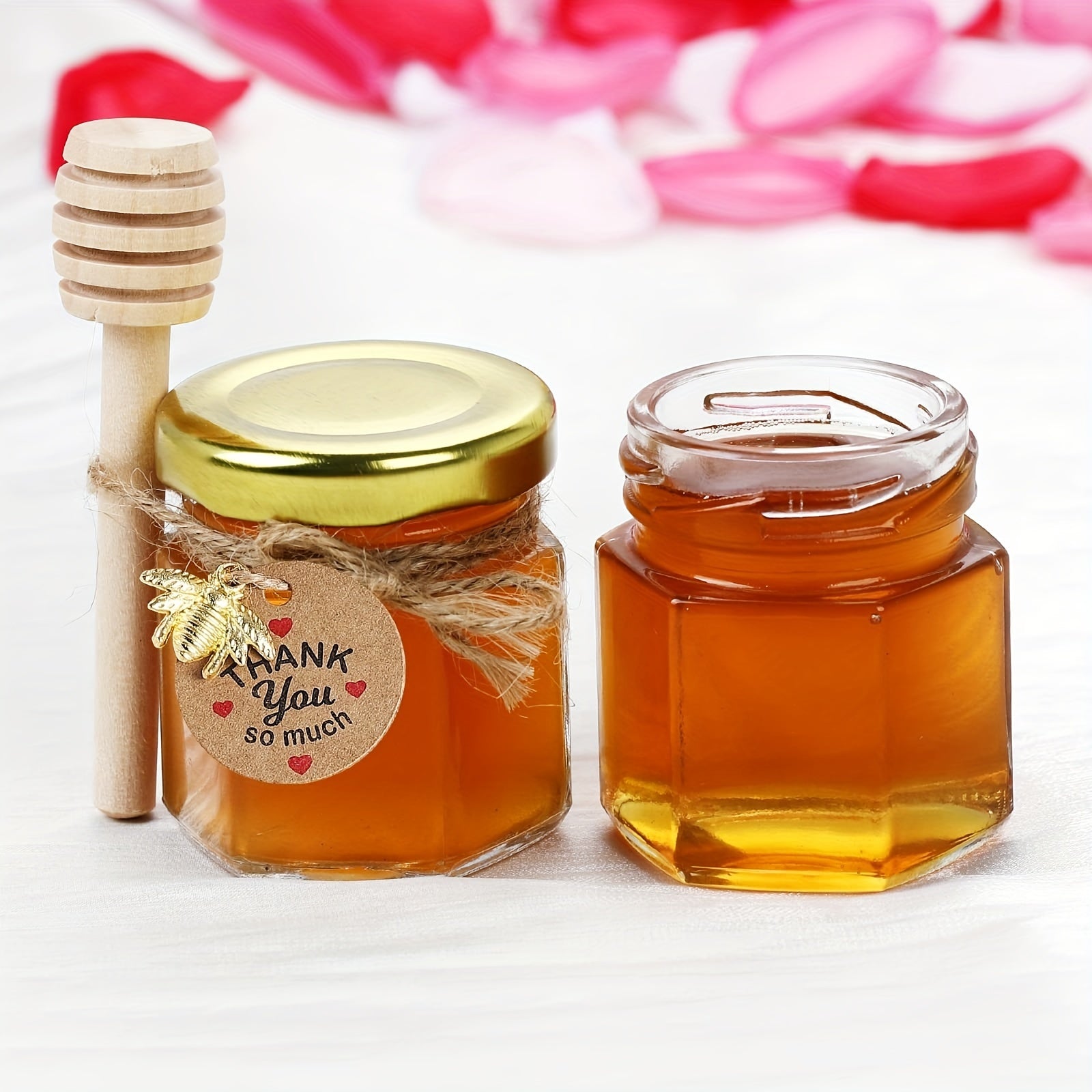 Small Hexagonal Glass Honey Jars 1.5 oz Sets of 20 30 50 or 60 with Spoons Bee Symbols and Thank You Cards