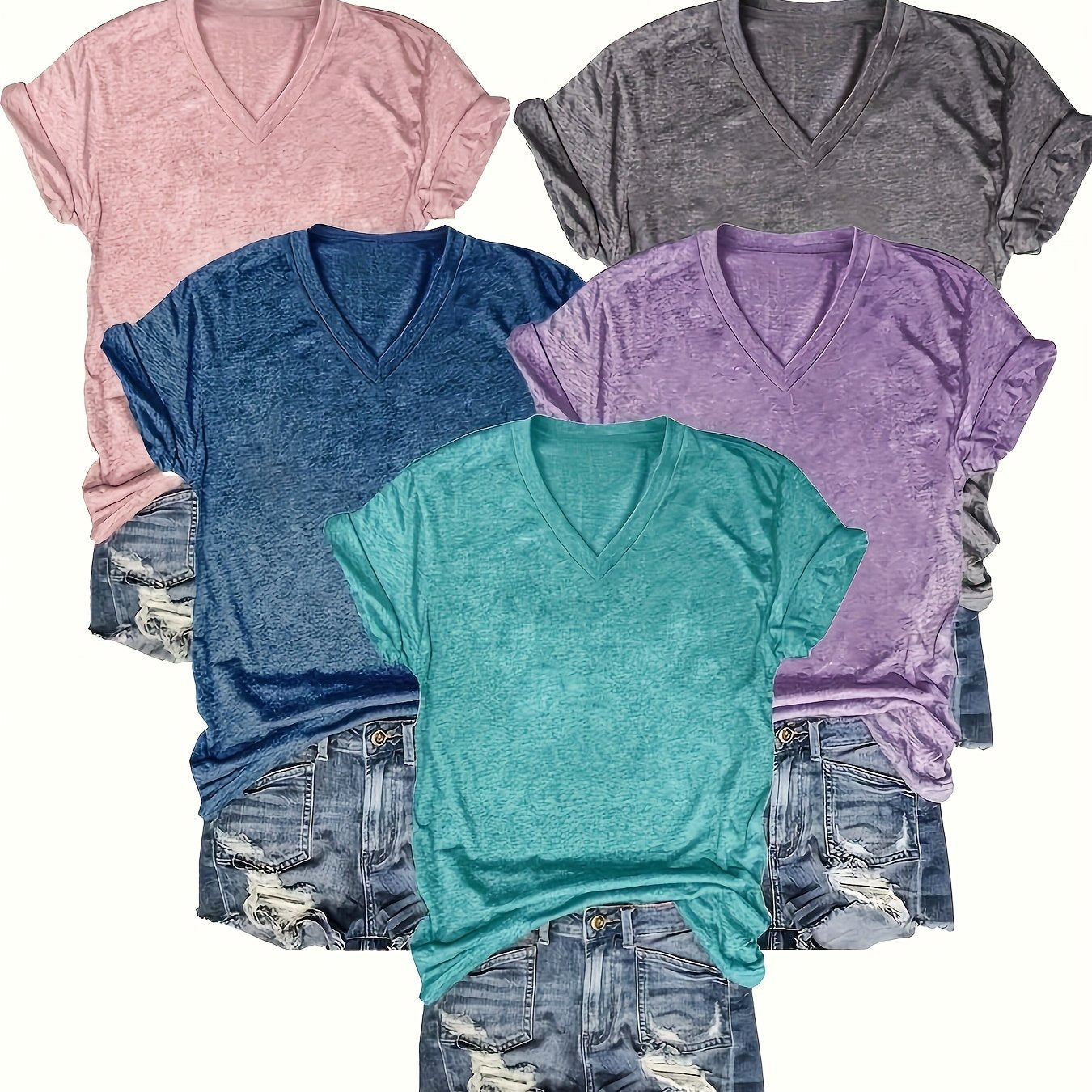 Women’s Solid Color V-Neck T-Shirts Short Sleeve Casual Summer
