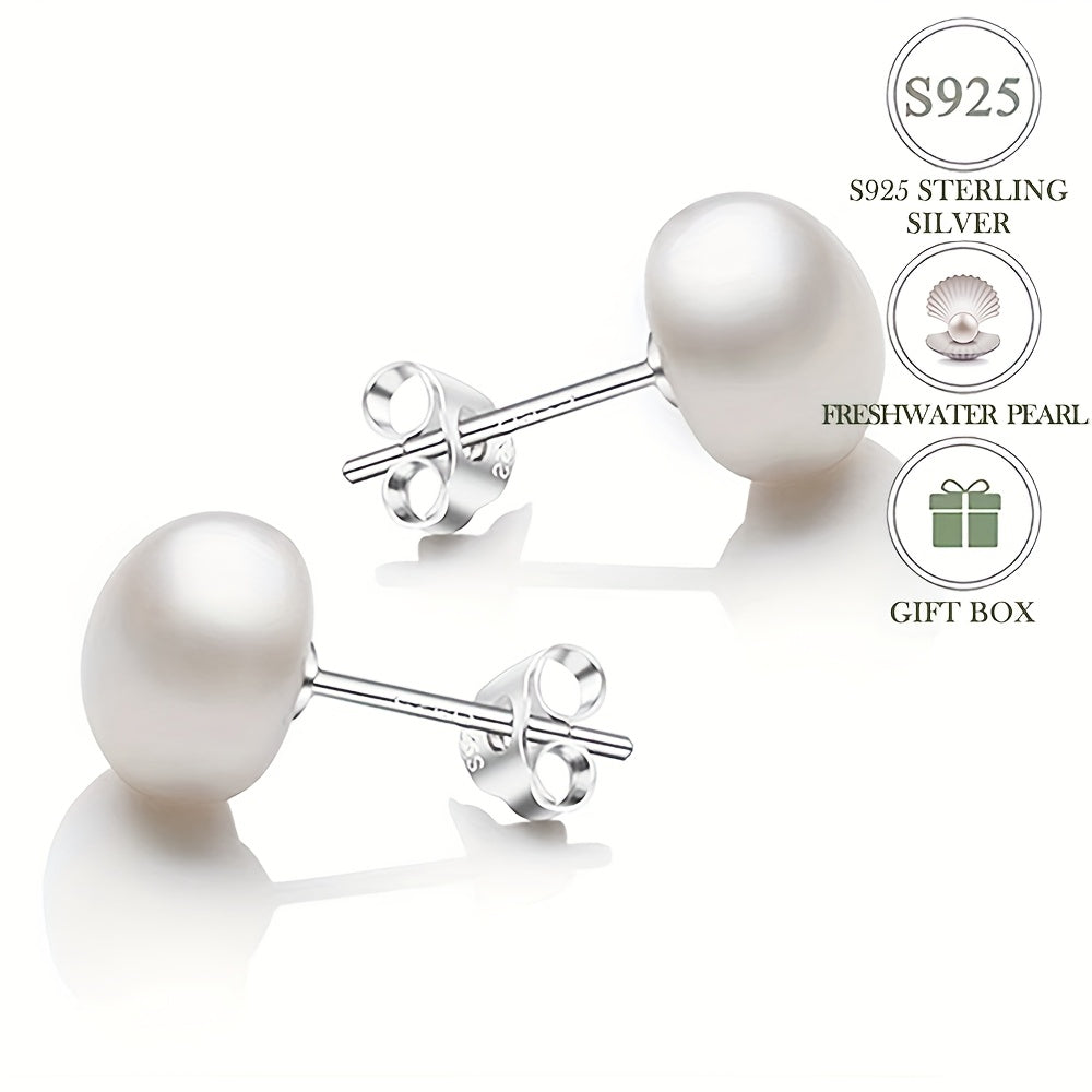 Sterling Silver Pearl Earrings 7-10mm French-Inspired Studs for Women