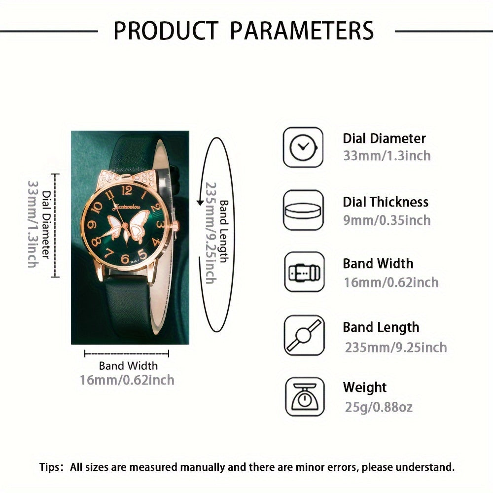 Women's Watch and Bracelet Set with Crystal Detailing and Faux Leather Strap