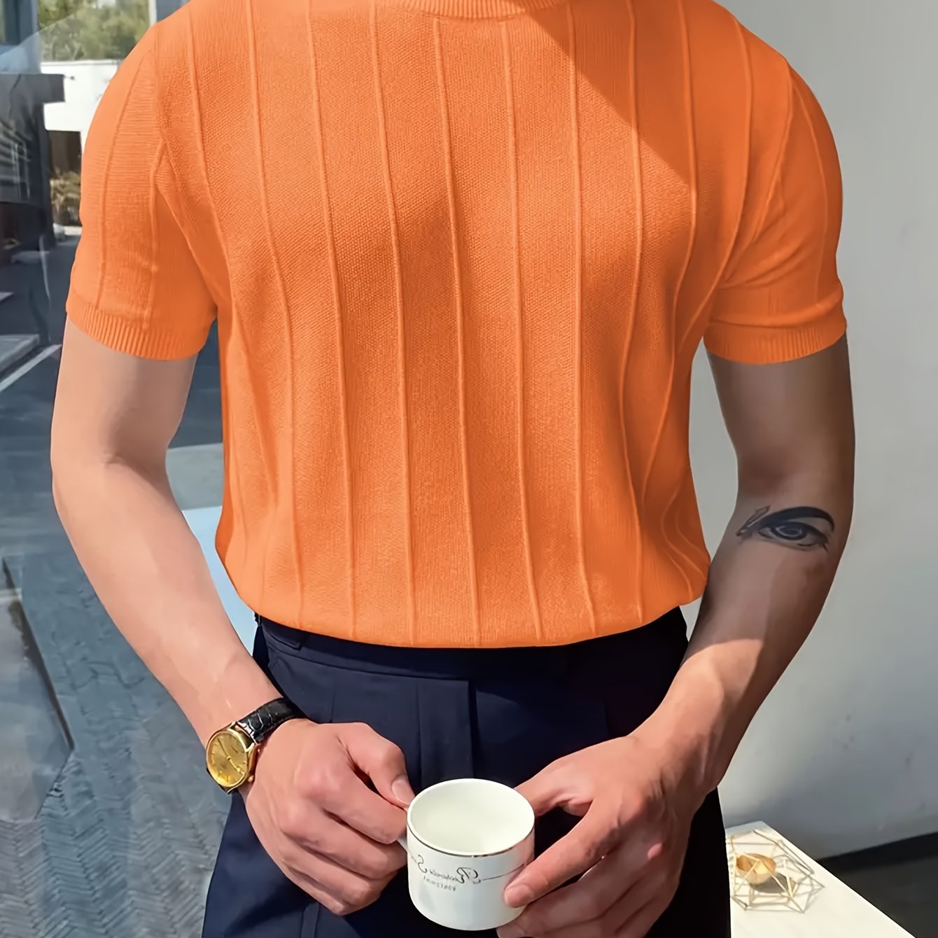 Men's Cotton Ribbed Knit T-Shirt Short Sleeve Crew Neck Striped Summer Casual