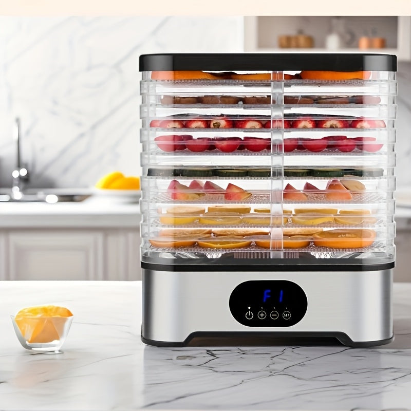 Uy sharoitida kichik oziq-ovqat quritgich 360° issiq havo aylanishi, tegishli ekran bilan boshqarish va 8 qatlamli sig'im bilan meva, atıştırmalıklar, go'sht va boshqalarni quritish uchun.