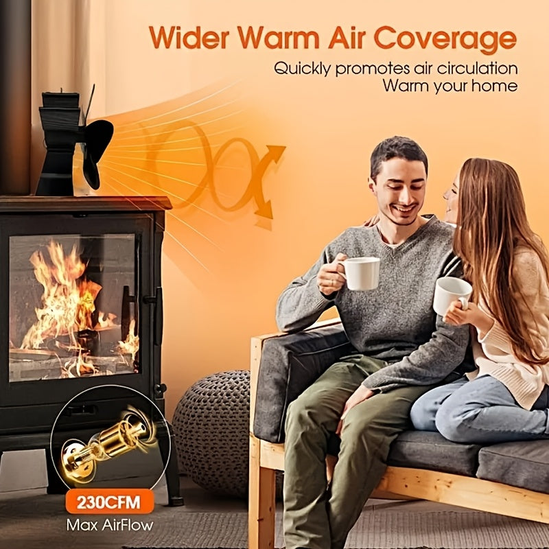 Black Aluminum Fireplace Fan 6-Blade Silent Heat Distribution Winter Gift