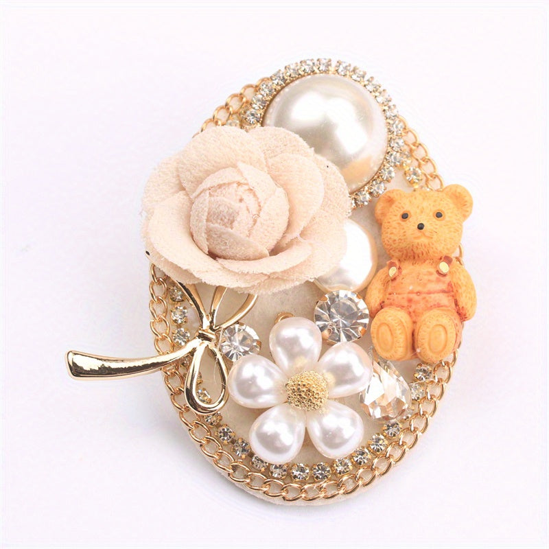 Rhinestone Bear and Flower Brooch for Clothing Bags Hats Elegant Jewelry