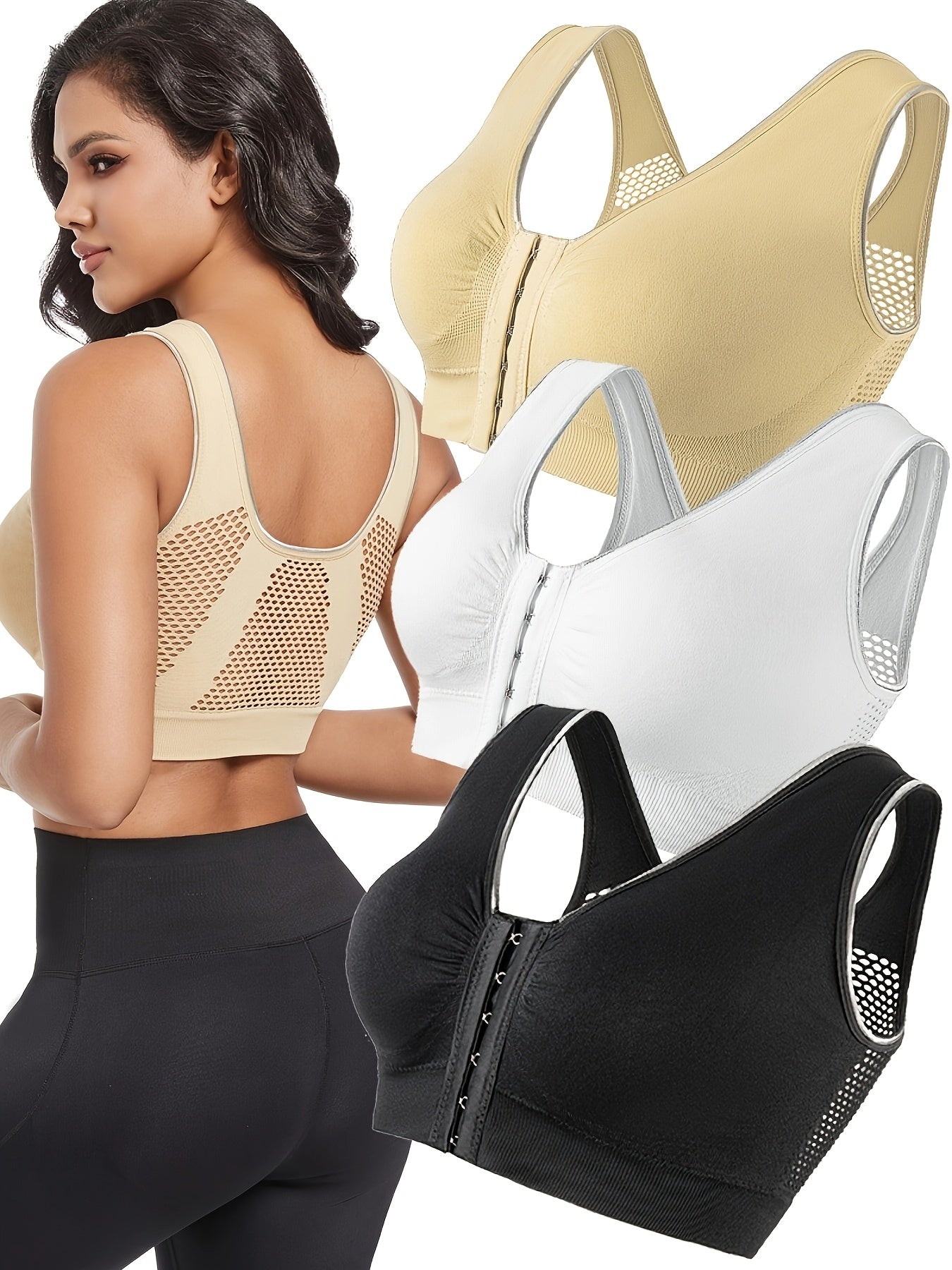 Women's Breathable Mesh Wireless Sports Bras 3-Pack Low Support Yoga Crop Tops