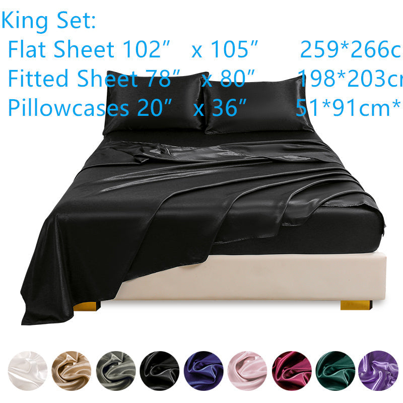 Juego de 4 sábanas de satén para ropa de cama incluye sábana superior, sábana ajustable y fundas de almohada, lujoso dormitorio, habitación de invitados