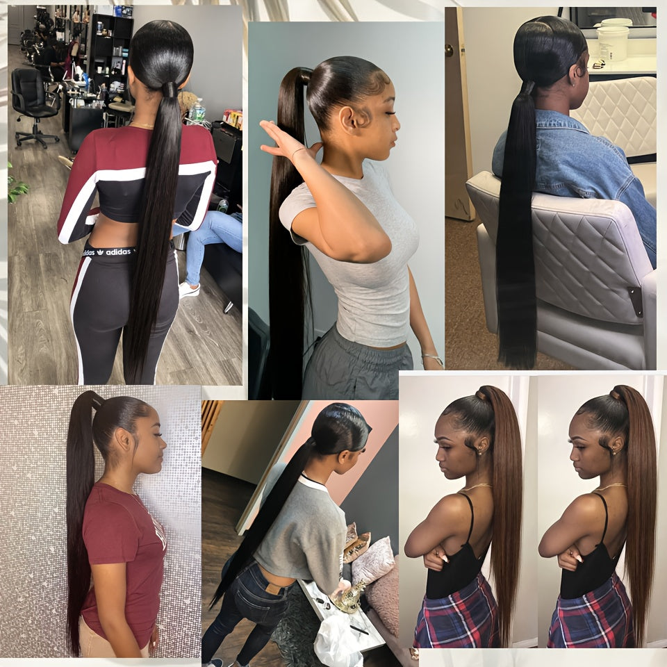 Women Black Synthetic Straight Ponytail Hair Extension 81.28cm Drawstring Style