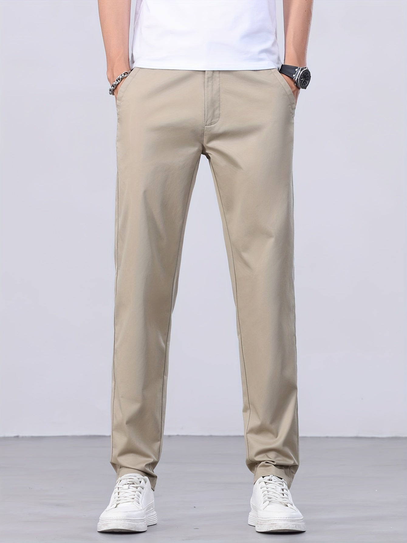 Men's All-Season Casual Pants Caramel Cotton Blend Straight Leg Mid Waist Pockets Zipper Fly