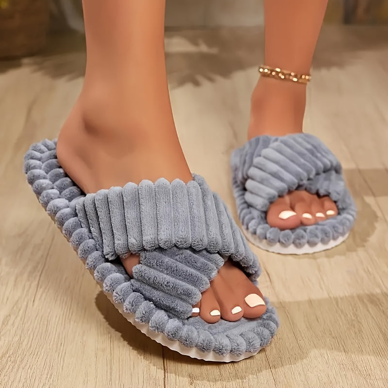 Women's Plush Slippers Soft Comfortable Indoor Shoes Striped Casual