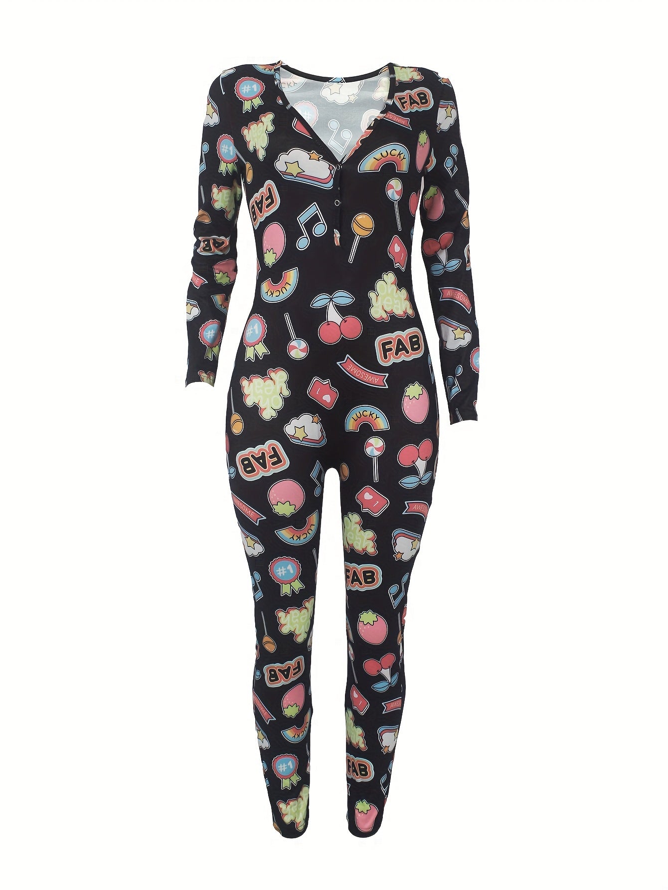Women's Lounge Jumpsuit Polyester Casual V-Neck Long Sleeve Button Print