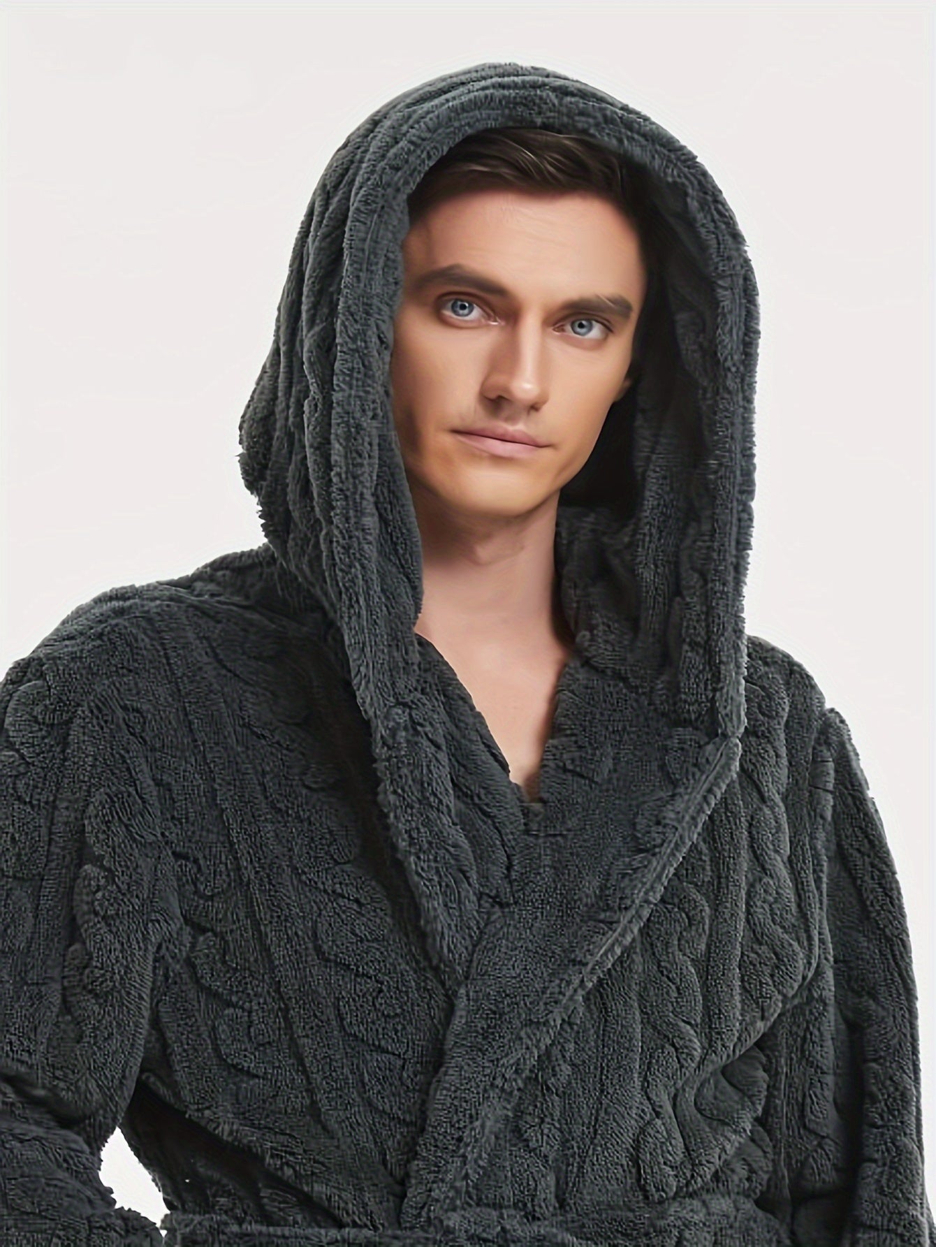 bata de felpa para mujer con capucha, manga larga, cinturón, bolsillos, otoño e invierno, punto, poliéster