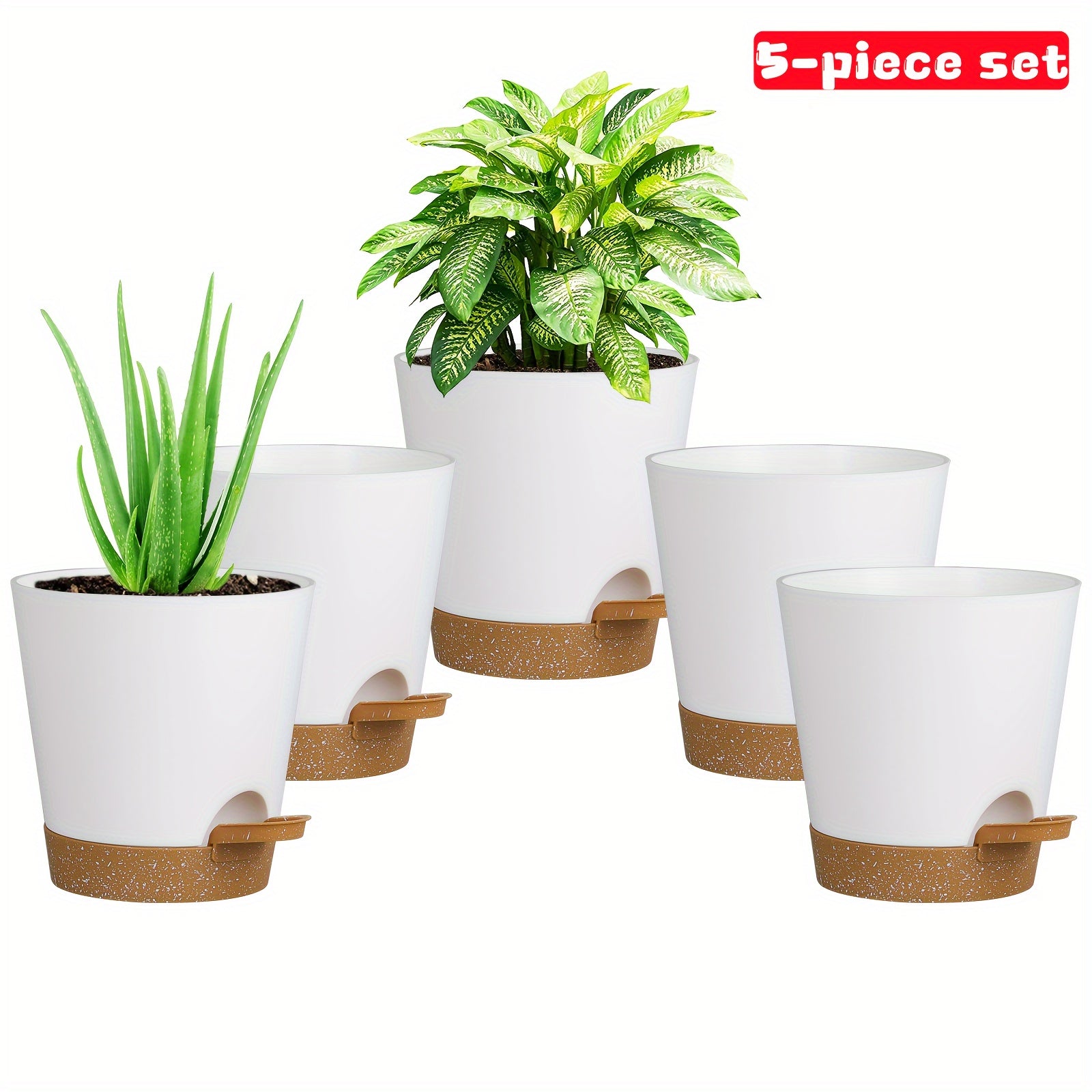 Set of 5 5-Inch Plastic Self-Watering Flower Pots with Drainage Holes and Trays for Indoor Outdoor Gardens