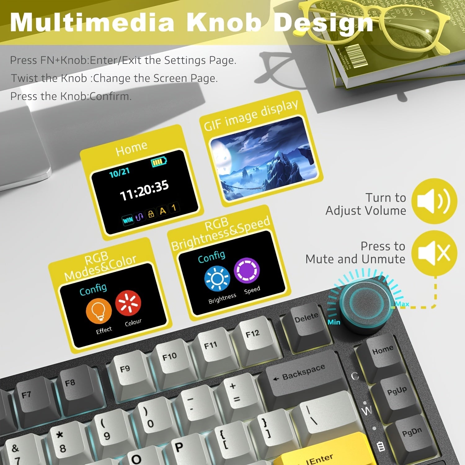 75% Mechanical Keyboard with TFT Display RGB LED Wireless Wired USB-C Knob Control Black Gray Yellow