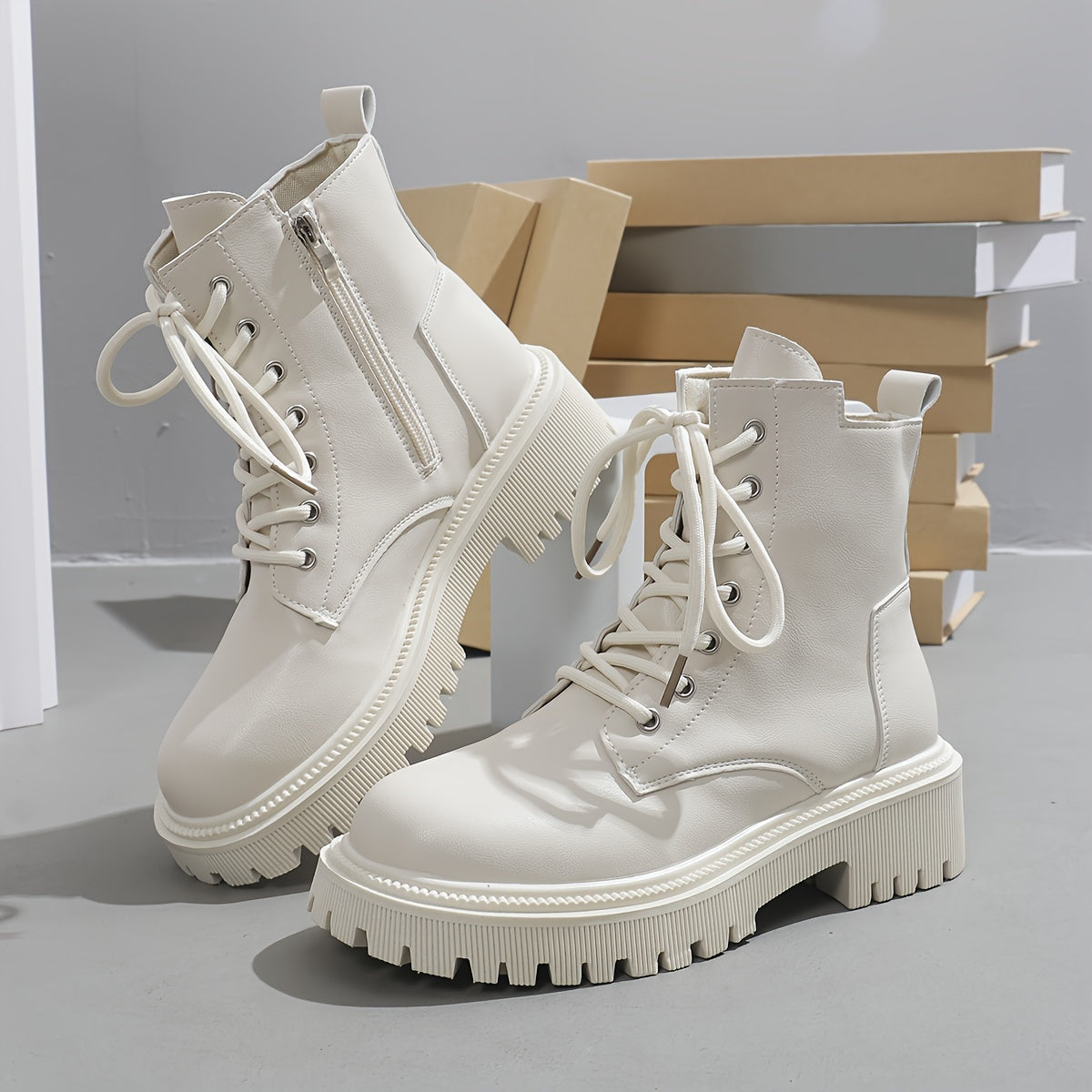 Women's Leather Motorcycle Boots with Side Zip and Thick Sole