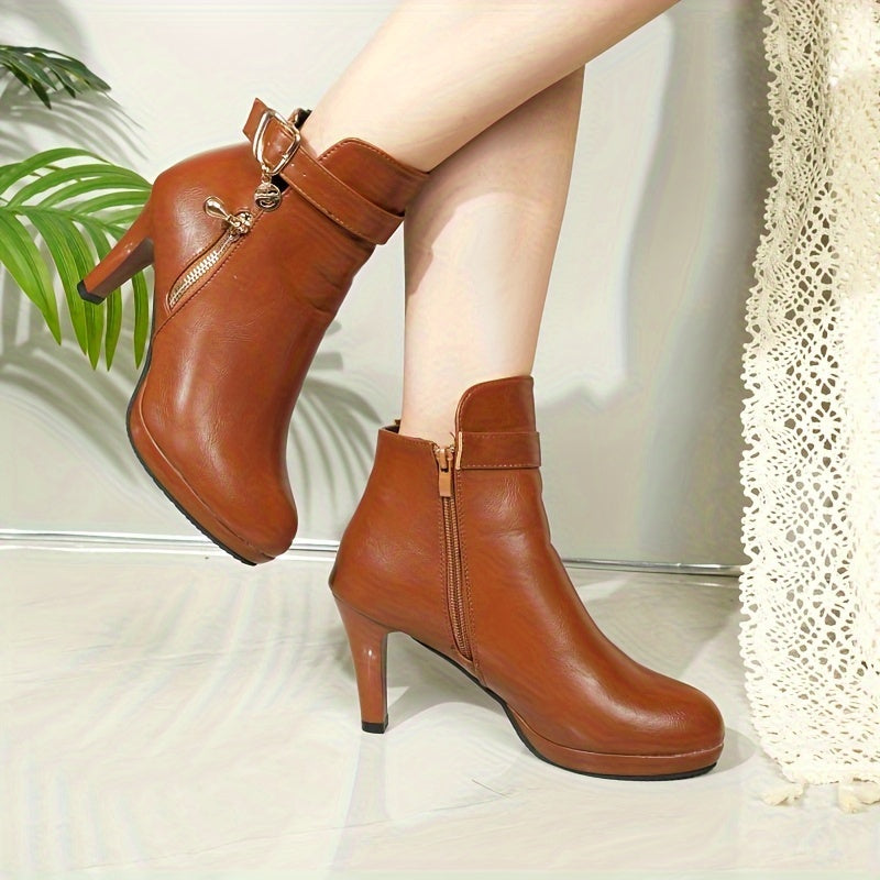 Women's Leather High Heel Platform Ankle Boots Classic Black