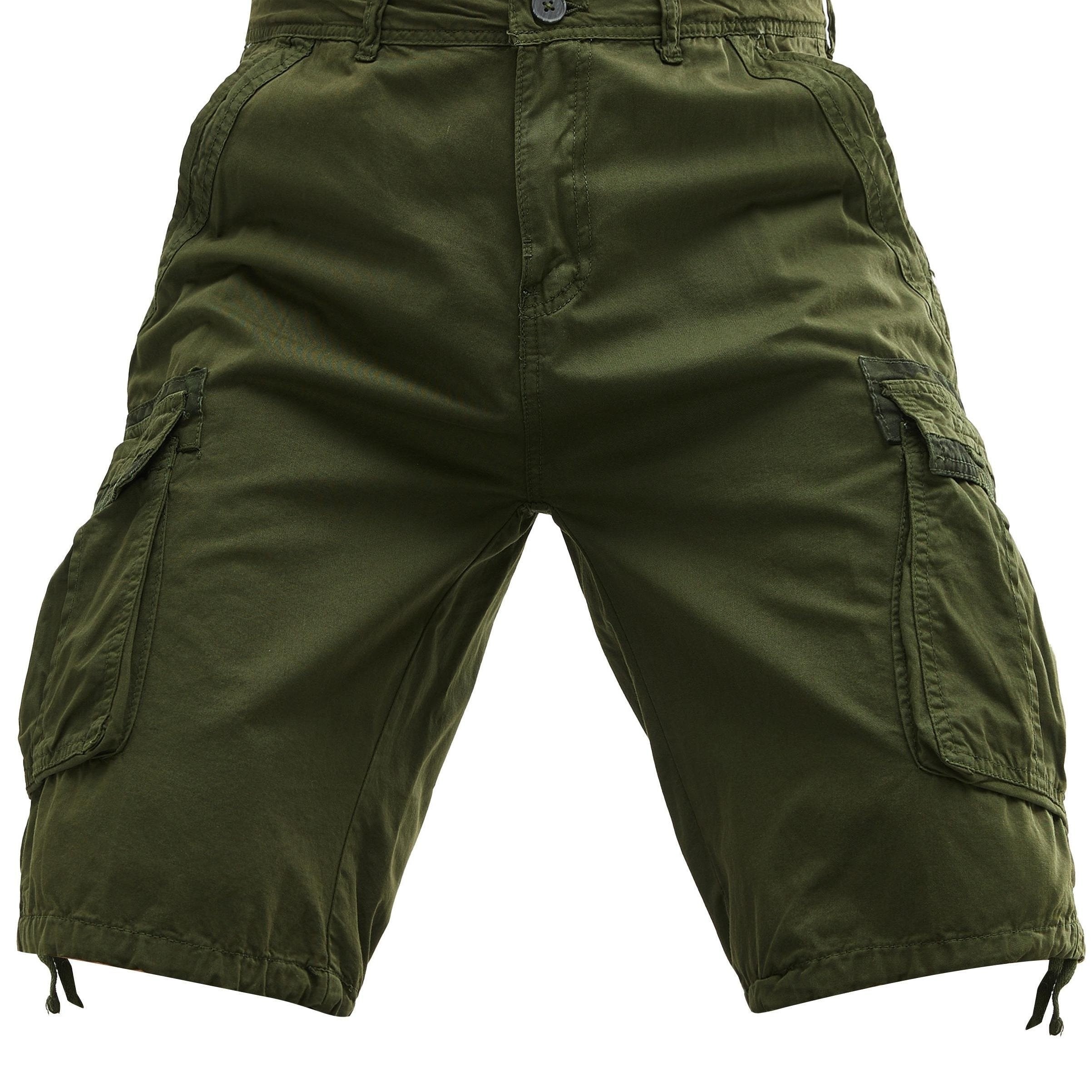 Erkaklar uchun katta o'lchamdagi paxta kargo shortlari, bir rangli ko'cha uslubida, bir nechta cho'ntaklar bilan va oddiy moslashuvda. Cho'zilmaydigan to'qilgan mato.