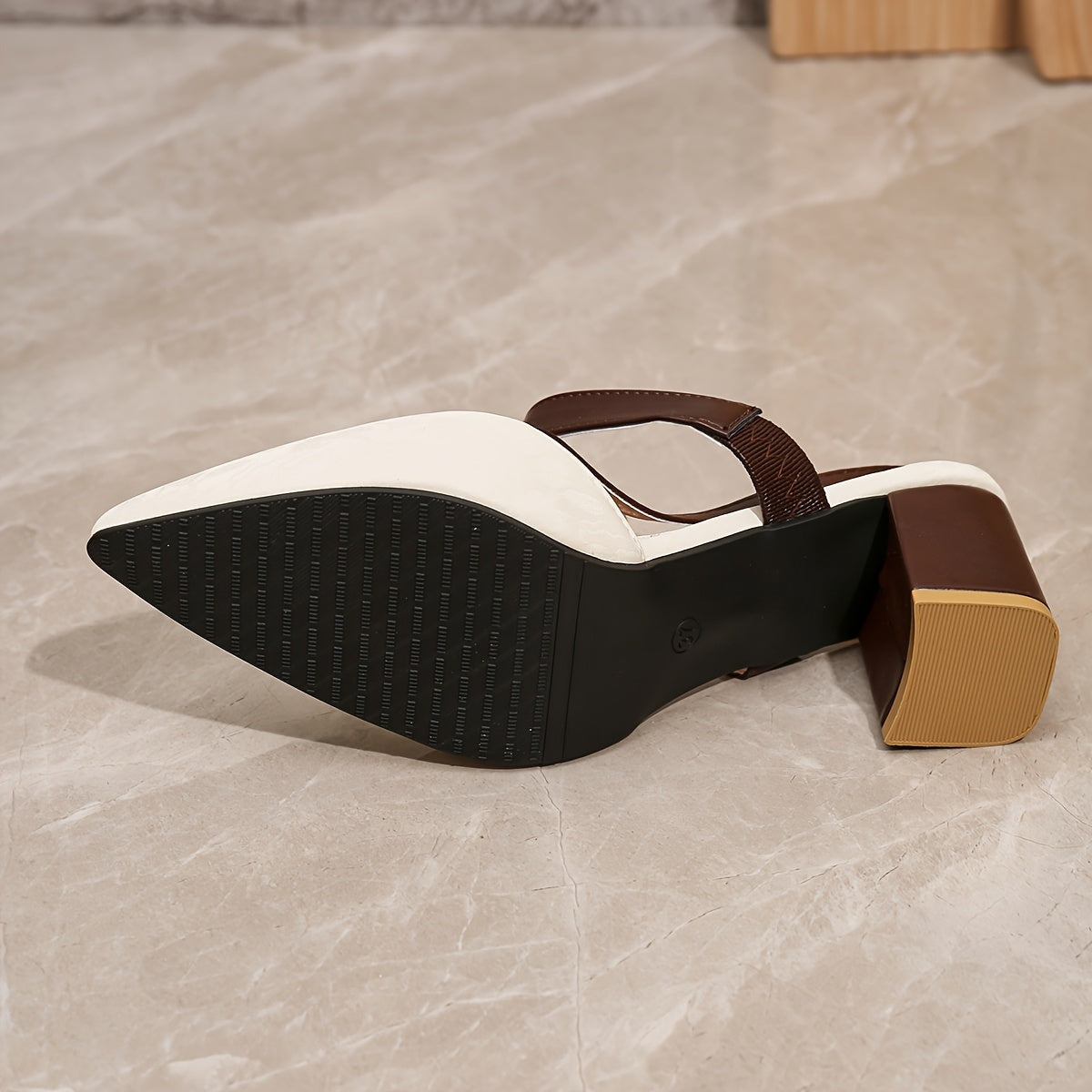 Women's Chunky Heel Sandals with Pointed Toe Faux Leather Two-Tone Rubber Sole