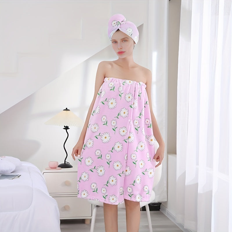 1 ta hammom yubkasi va soch sochiq to'plami, ayollar uchun koral velur materialidan tayyorlangan, juda namni o'zlashtiruvchi va kiyish uchun qulay. Dush yoki sauna so'ng sochni quritish uchun mukammal.